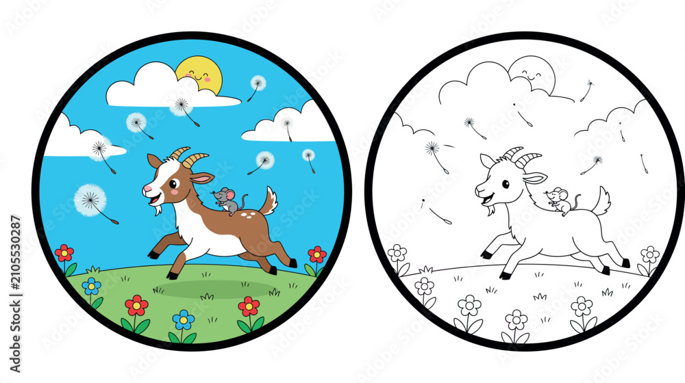 Fototapeta premium Happy Cartoon Goat and Mouse Riding in a Meadow with Dandelion Seeds and Sunshine