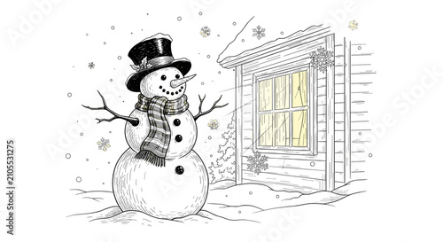 Christmas snowman beside cozy winter cabin in continuous one line drawing style