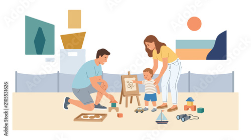Cuadro en lienzo A young family enjoys quality time together, playing with various toys and exploring art in a bright, modern playroom setting