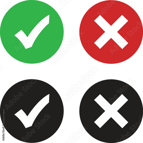Set of check mark and cross mark icons in green red and black circles for web design and user interface elements isolated on a white background