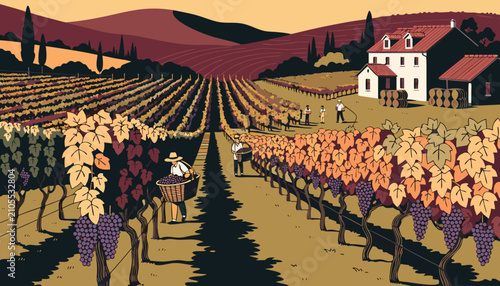 Autumn Vineyard Harvest with Stone Winery, Flat Vector Wine Country Rustic Illustration