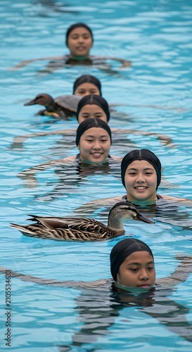 Young Swimmers Floating with Duck in Blue Outdoor Pool