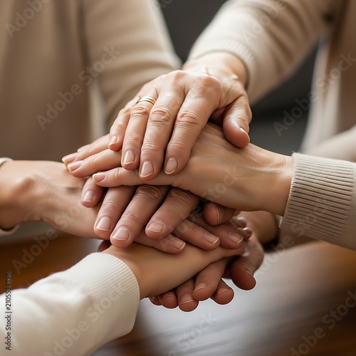 Close Up of Supportive Hands Stacked Together in Warm Indoor Setting