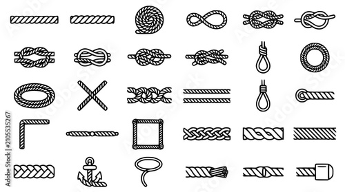 Foto Nautical Rope and Marine Knot Outline Icon Grid Set with Cordage, Braids, Loops,