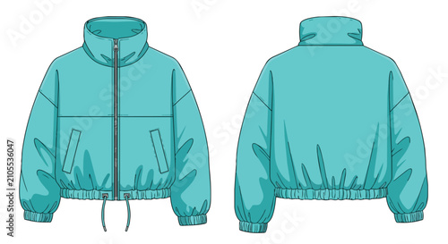 Women Teal Cropped Zipper Jacket Illustration Front and Back Views Fashion Technical Drawing for Streetwear Apparel