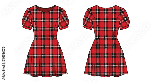 Red Plaid Short Sleeve Dress Illustration Front and Back View Casual Summer Fashion Technical Drawing Flat Design