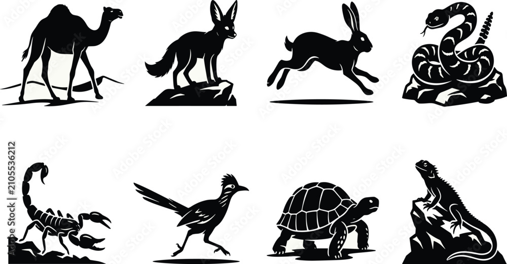 Fototapeta premium Desert animals black silhouette icons vector set featuring a camel fennec fox rattlesnake scorpion and tortoiseDesert animals black silhouette icons vector set featuring a camel fennec fox rattlesnake
