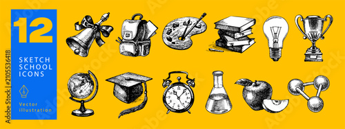 Back to school sketch collage elements set. Education poster template with hand drawn accessories. Stickers design. Vector vintage illustration
