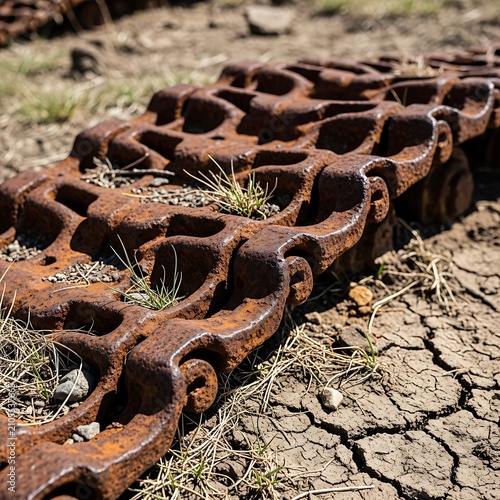Rusty Metal Track Links Lying on Dry Cracked Ground Outdoors