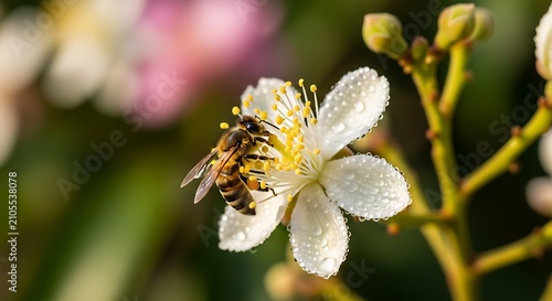 Honey Bee Pollinating Dewy White Flower in Sunlit Garden