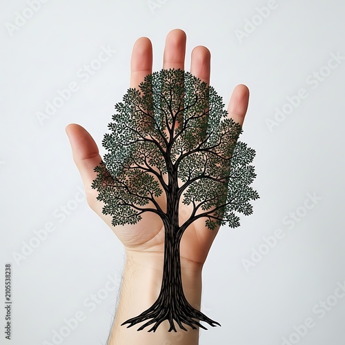 Open Human Hand Holding Detailed Tree Silhouette on Clean White Background