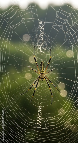 Striped Garden Spider Resting on Delicate Web in Sunlit Green Meadow