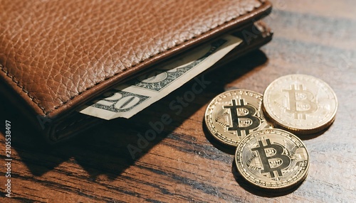 Leather Wallet with Dollar Bill and Bitcoin Coins on Wooden Table