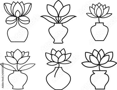 Set of stylized lotus flower icons in various decorative vases, simple black line art vector illustration collection
