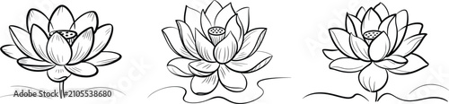 Set of stylized lotus flower line art icons, vector illustration collection of zen botanical elements for wellness