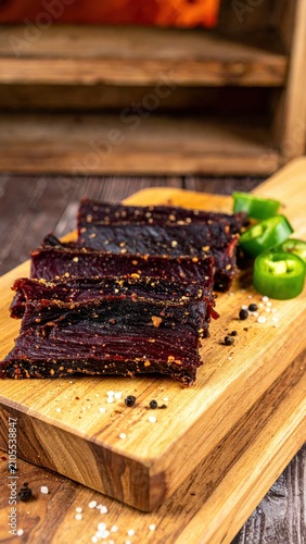 Close-up of spicy beef jerky slices on a wooden board with peppers and peppercorns, showcasing a savory snack.