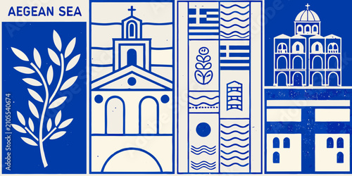 vintage block print style poster featuring greek architecture and symbols church olive branch flag wave pattern blue white illustration vector design culture history