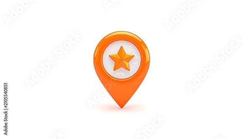 An orange map pin icon with white circular center containing yellow star, digital design resembling location marker used in maps or apps, bright color emphasizing point of interest or favorite place