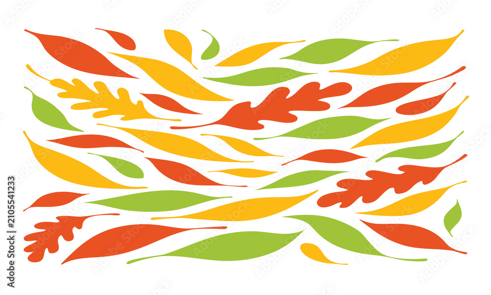 Fototapeta premium Leaves in Autumn Colors Floating in a Delicate Pattern Featuring Orange, Red, Yellow with Green and Nature Elements for Fall