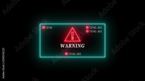 Neon warning sign hud interface with digital data counters and alert symbol