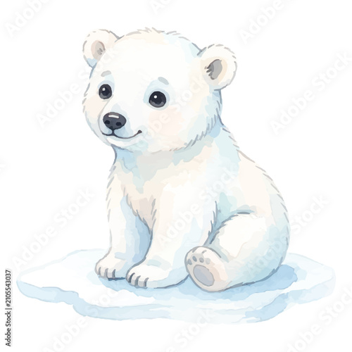 Watercolor Cute Polar Bear Cub, Hand Painted Wildlife Illustration for World Animal Day Isolated on White Background
