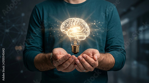 Brilliant Idea: A man holds a glowing lightbulb shaped like a human brain, symbolizing innovation and creativity, with a network of luminous connections spreading outward.