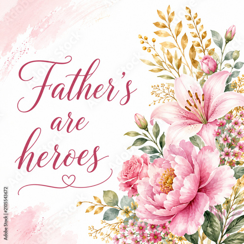 Father's are heroes watercolor floral composition with pink peonies and golden foliage on white background watercolor artistic painting illustration botanical celebration