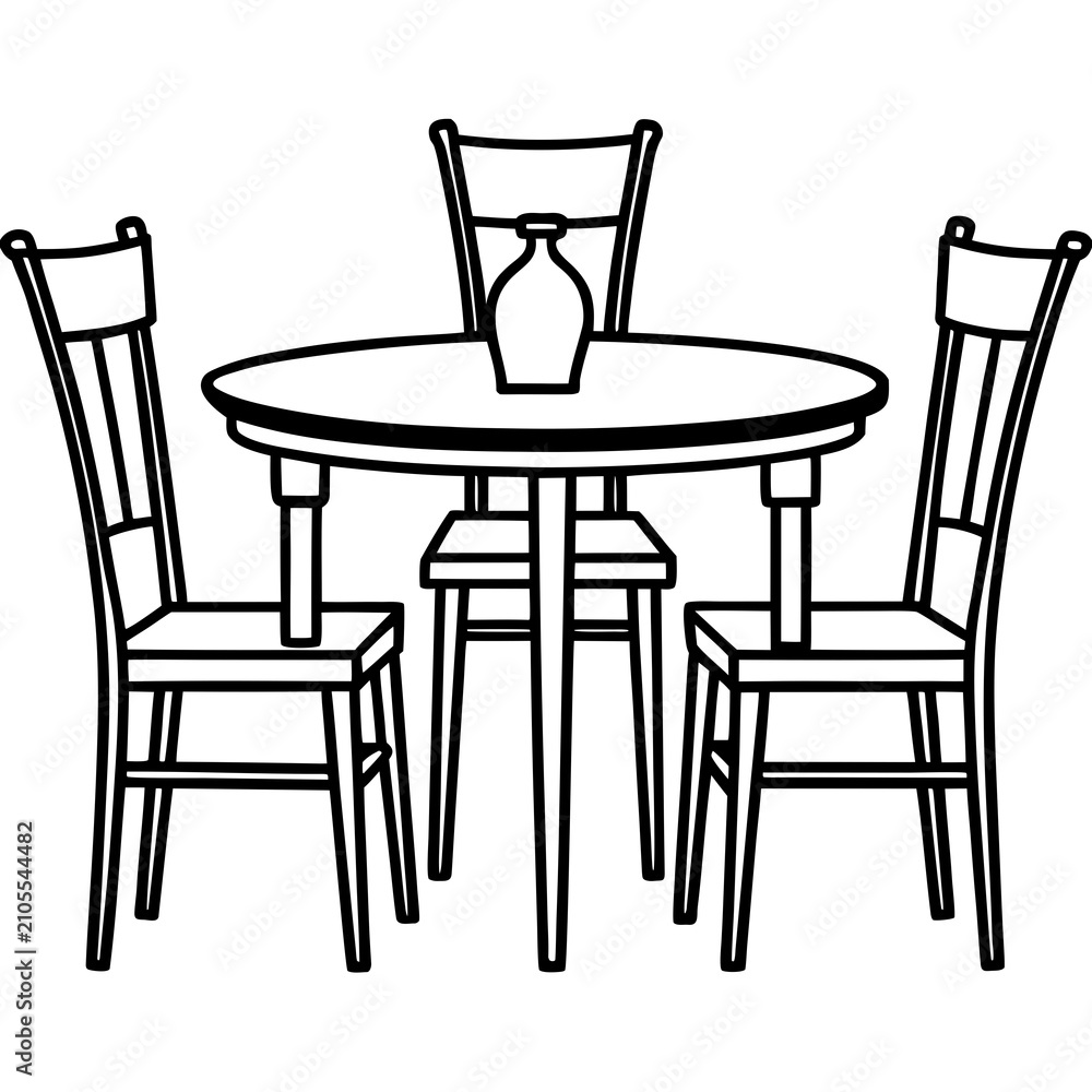 Fototapeta premium Dining table set with three chairs and a vase