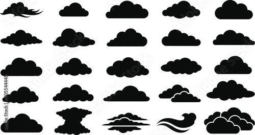 Set of various black cloud silhouettes isolated on a white background for design elements