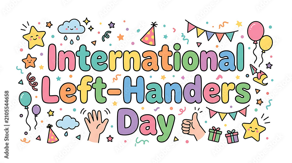 Fototapeta premium International Left-Handers Day celebration sign. Festive holiday banner with cute doodles.