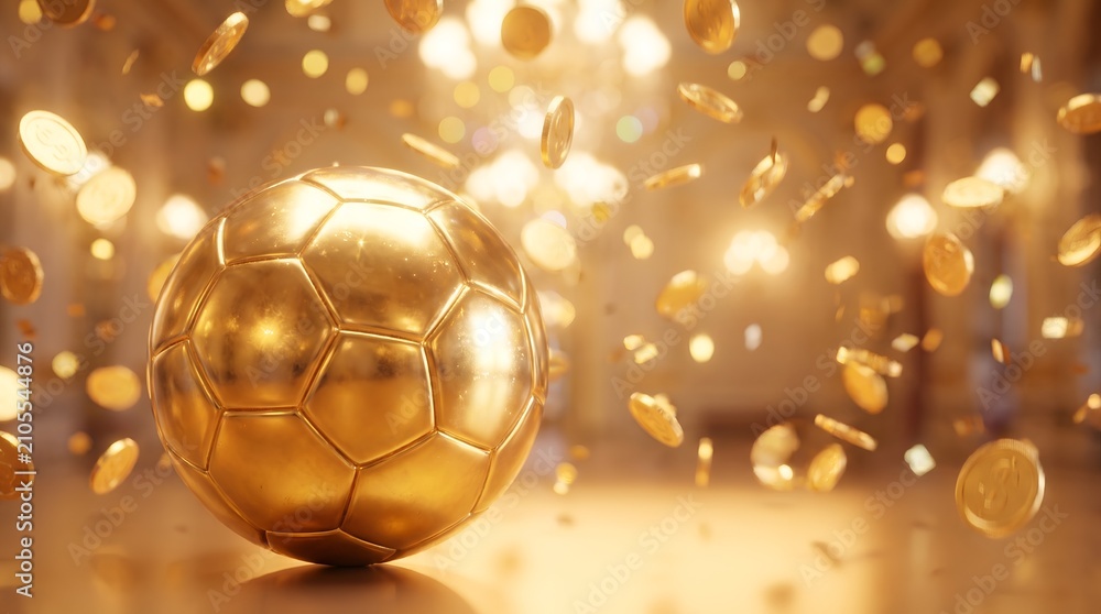 Fototapeta premium Golden soccer ball surrounded by falling gold coins in a luxury room