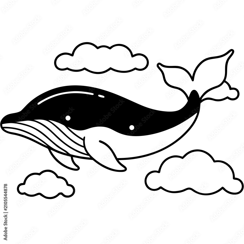 Obraz premium Cute cartoon whale flying in the sky with fluffy clouds