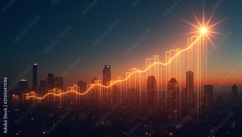 Fototapeta premium Glowing rising financial chart layered over sunset city skyline
