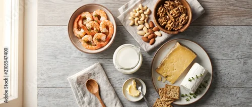 Panel kuchenny z motywem Fresh shrimps, cheese, nuts, and milk arranged on a rustic wooden table