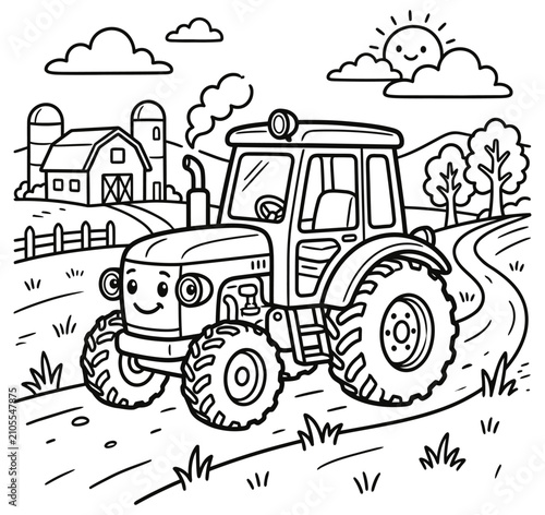 Charming tractor illustration with farm scene for children's activities