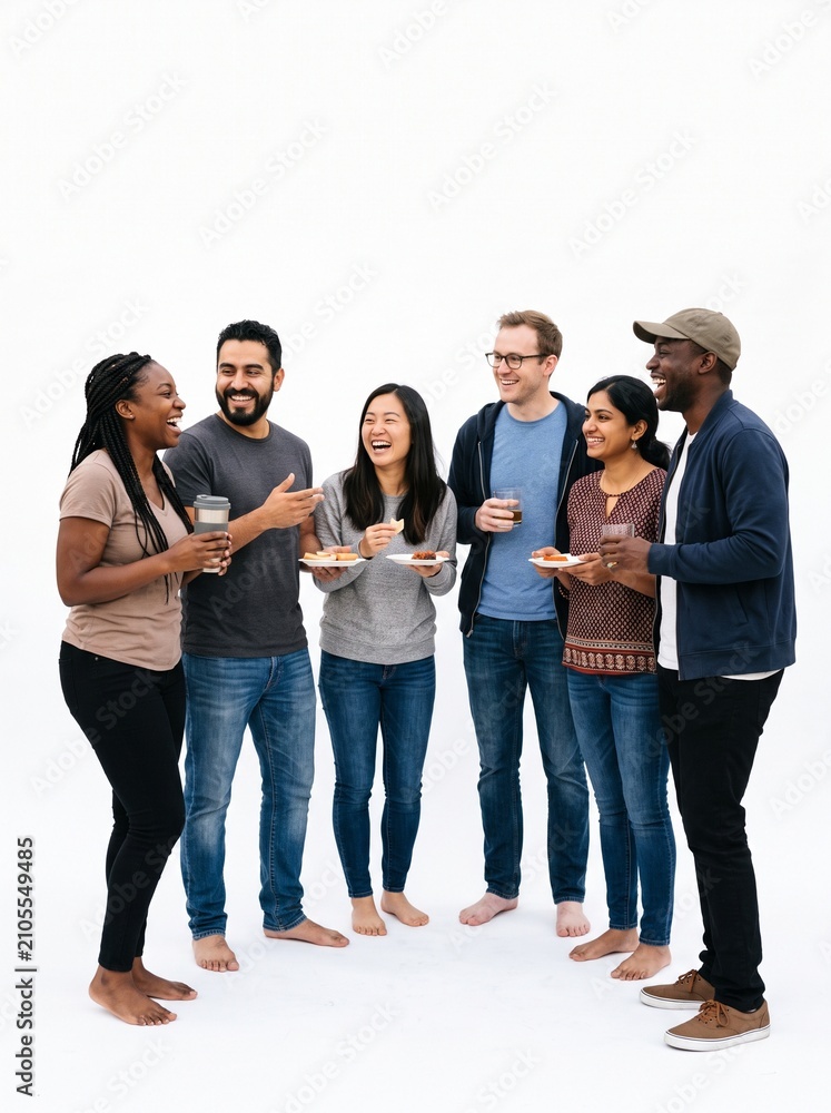 Obraz premium Diverse group of friends laughing and enjoying snacks together on a white background