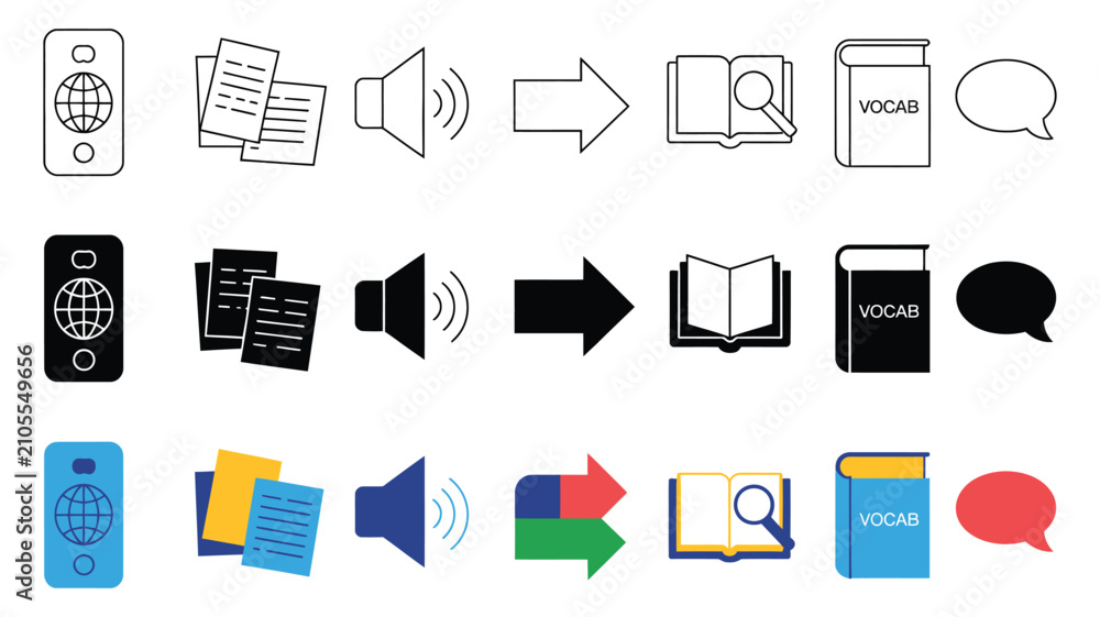 Fototapeta premium Language translation and learning icons featuring multilingual communication symbols in line, glyph, and filled vector styles