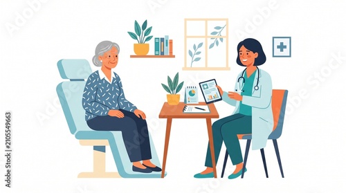 Female doctor explaining medical information to an elderly patient during a consultation in a clinic.
