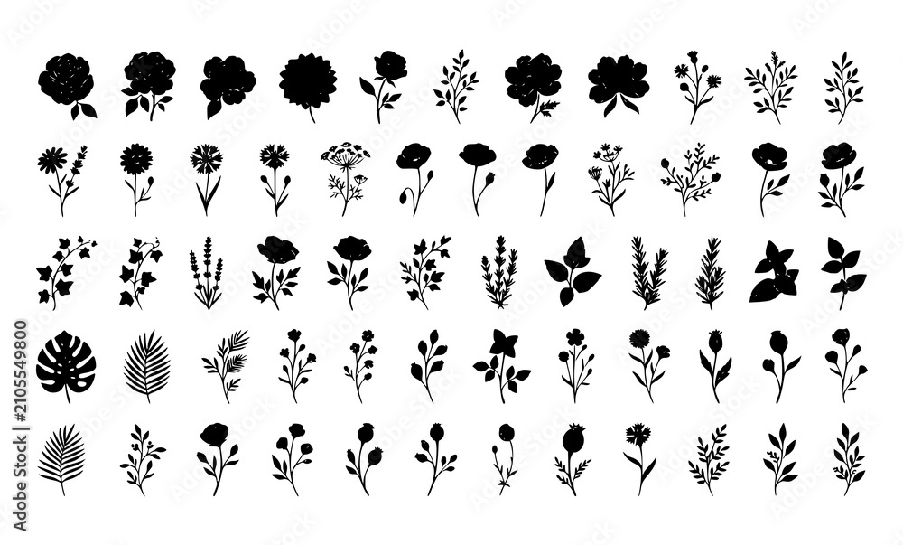 Fototapeta premium Hand drawn botanical flower silhouette collection with black floral leaves and wild garden plant vectors isolated on white background