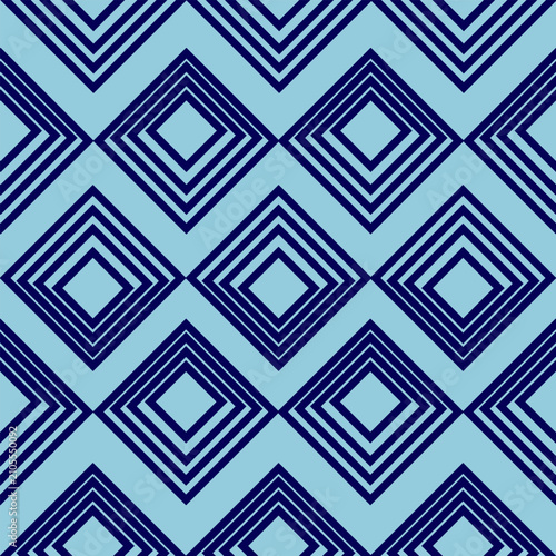 Geometric seamless pattern vector diamond rhombuses stripes and chevron. Ornament navy blue lines on a light blue background. Modern abstract trendy repeating, symmetry stylish decorative design