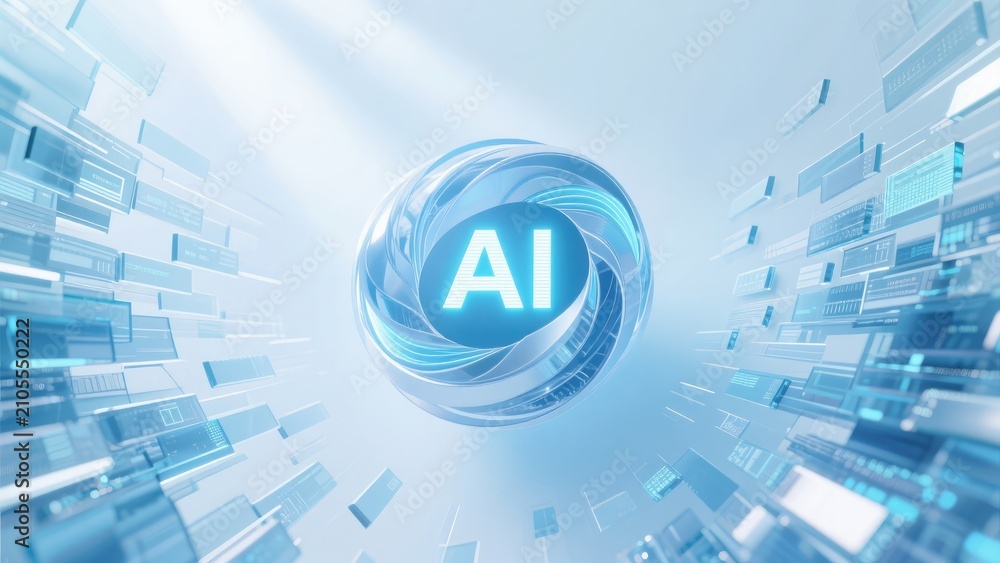 Fototapeta premium Futuristic AI core surrounded by floating digital interfaces and intelligent data flow, idea for artificial intelligence presentation, cloud computing banner, or technology innovation website header