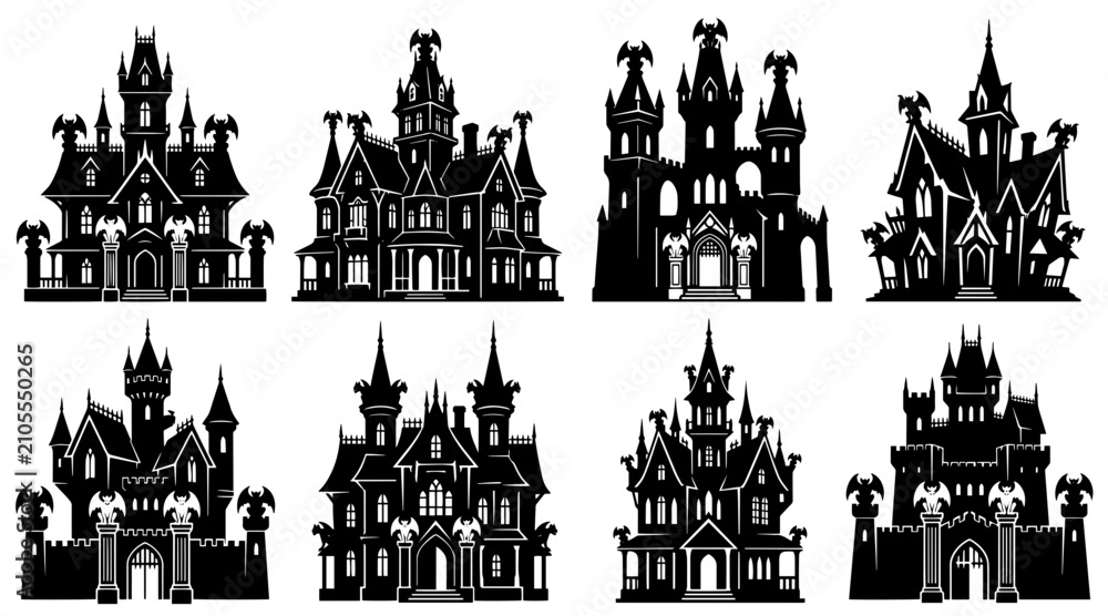 Fototapeta premium Haunted house silhouette icon set. Spooky gothic castle collection for Halloween design.
