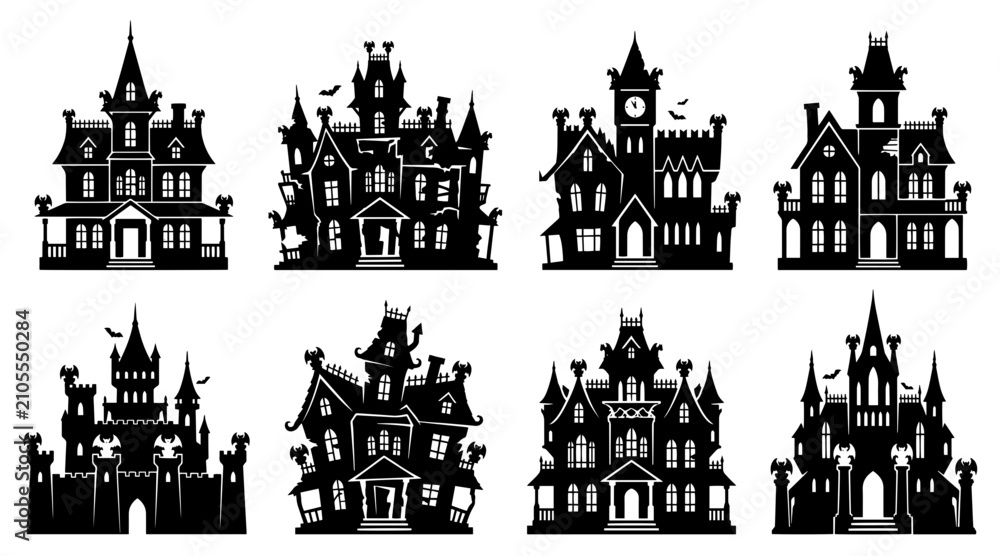Obraz premium Haunted house silhouette icon set. Spooky mansion vector collection for Halloween design.