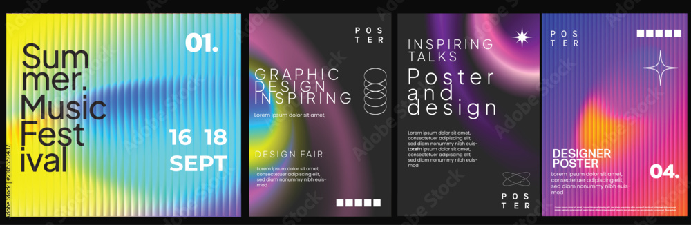 Naklejka premium Abstract graphic design posters with gradients, geometric shapes, collage and typography. Futuristic event templates for exhibitions, creative fairs, workshops