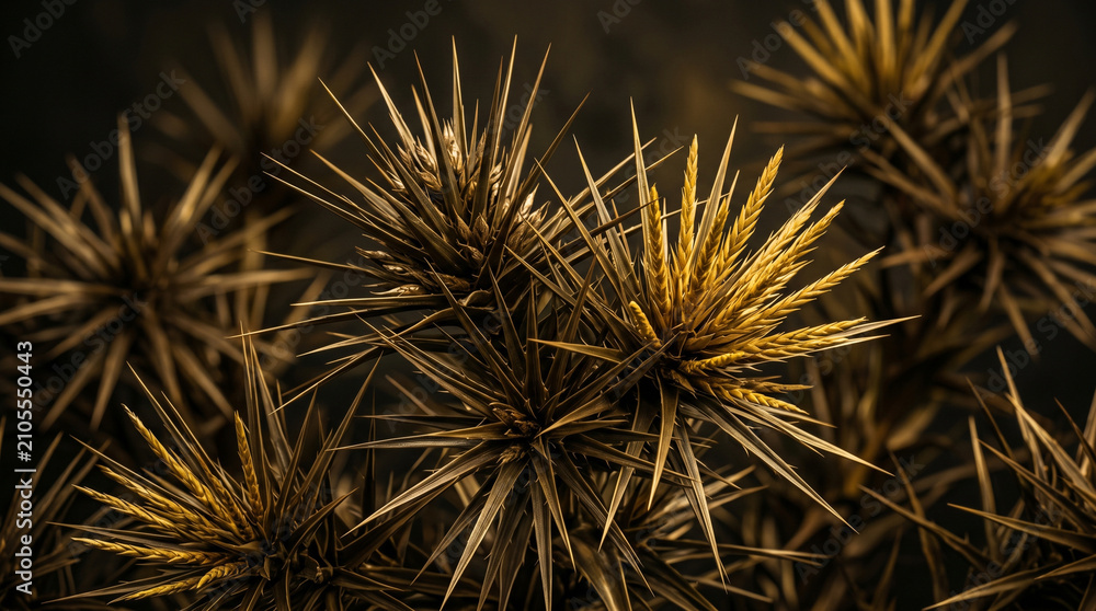 Obraz premium Sharp golden thistle leaves with intricate needle textures captured in a soft dramatic macro lighting style