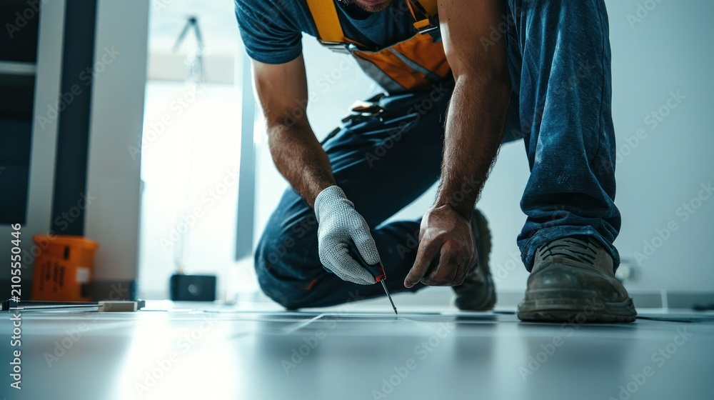 Fototapeta premium Construction worker installing tiles