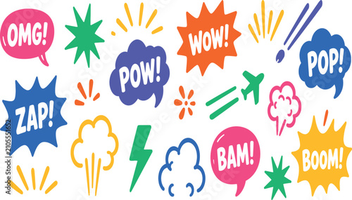 Schilderij op canvas Comic Book Speech Bubbles and Action Phrases Vector Collection with Pop Art Elements Like Wow, Zap, Boom, and Bam