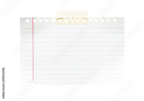 Torn sheet of lined paper, white paper with red margin line and punched holes, held by adhesive tape, isolated on transparent background.
