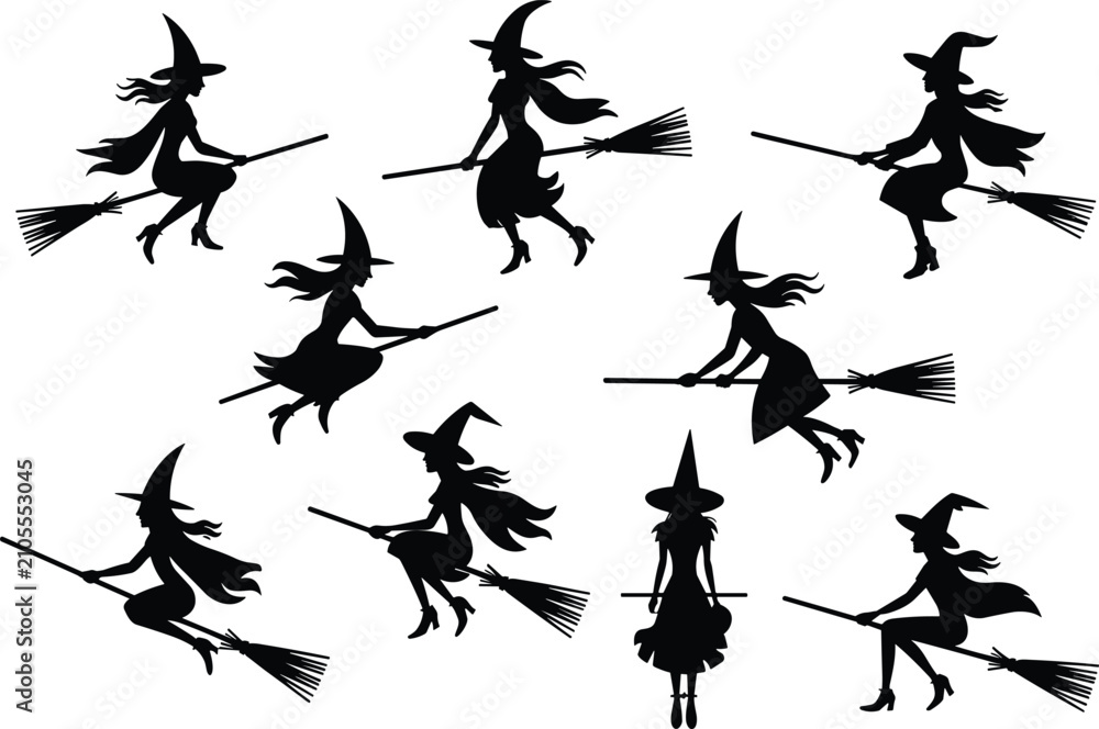 Fototapeta premium Flying witch silhouettes set on broomsticks, Halloween fantasy characters isolated on light background, spooky magic and fairytale concept vector illustration