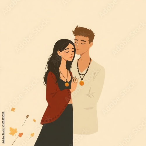 Ein Mann und eine Frau in liebevoller Umarmung, Illustraion in gedeckten Herbstfarben